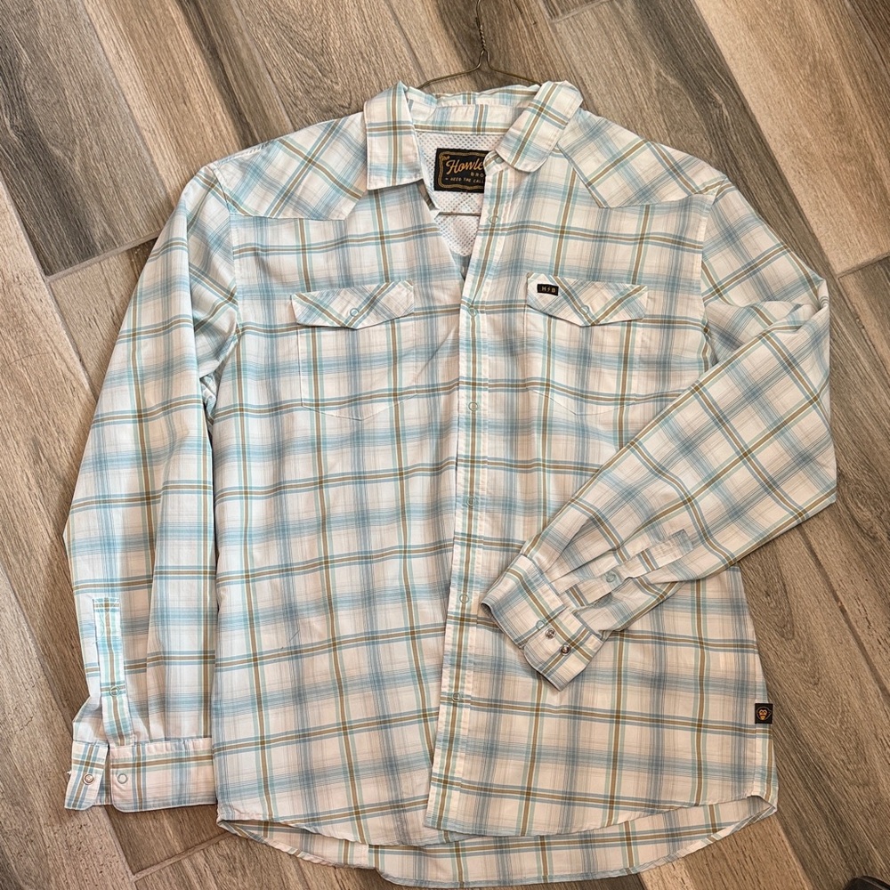 Howler Brothers Teal and White Plaid Button Down Shirt - L